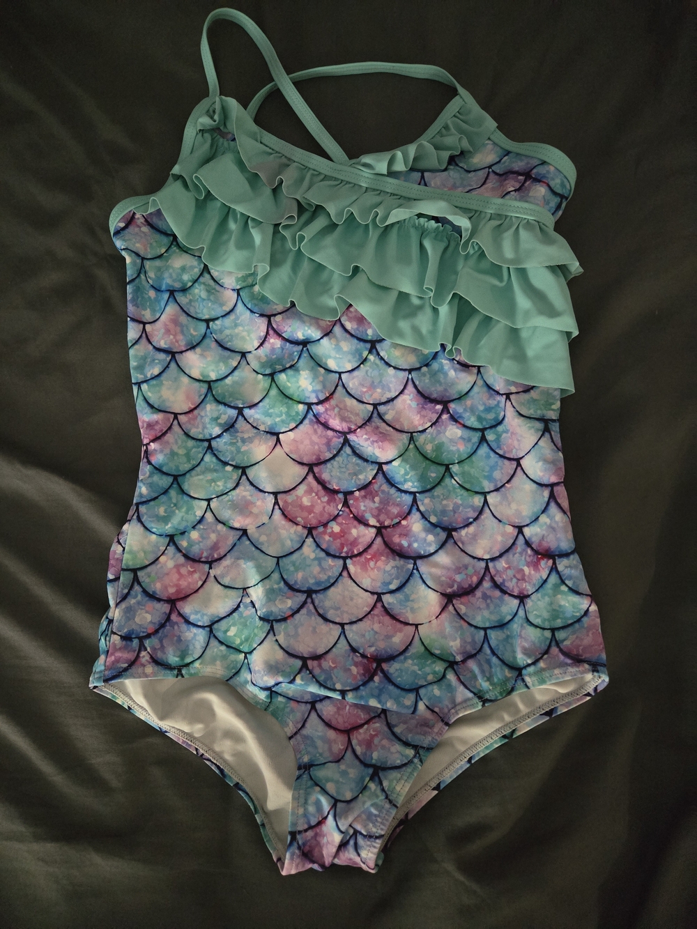 Kids Mermaid Scale One-Piece Swimsuit in Aqua Ruffle - Size 8 #0003